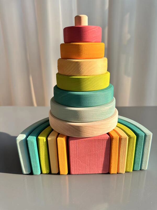 Alta qualidade brinquedos de madeira pastel basswood arco-íris empilhamento blocos pinho construção semi classificação peg bonecas bolas para crianças jogar