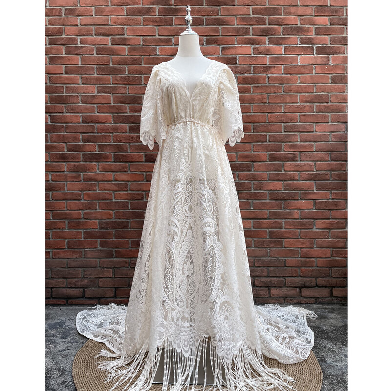 Don&Judy Boho Lace Floral Wedding Dress Vestido De Noiva With Tassel Long Prom Evening Party Gown Maternity Pregnant Photography