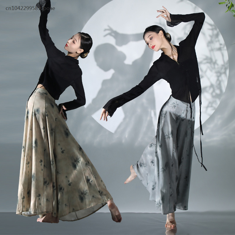 Ropa de baile clásico de estilo nacional para mujer, Tops negros elegantes de manga larga, faldas y pantalones sueltos, estilo étnico