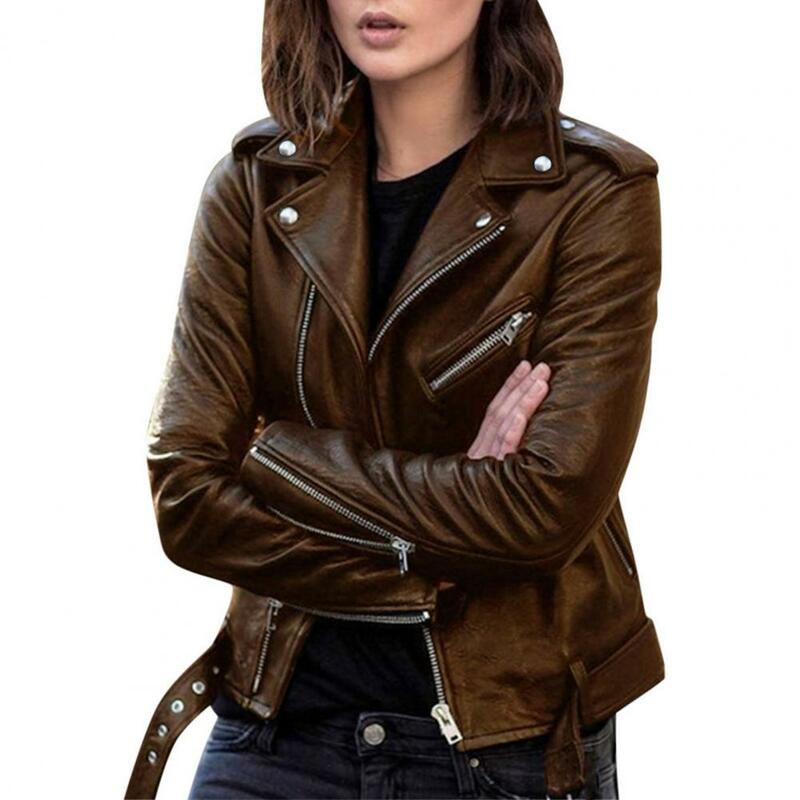 Jaket pendek musim gugur jaket pengendara sepeda motor wanita Solid jaket kulit imitasi keren wanita tipis pakaian luar kulit pendek ramping