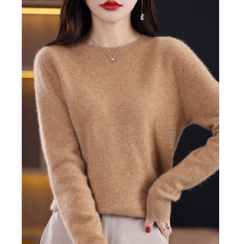 2023 baru kasmir dasar atasan lengan panjang wanita leher O Sweater rajutan 100% murni Merino wol Pullover pakaian rajut