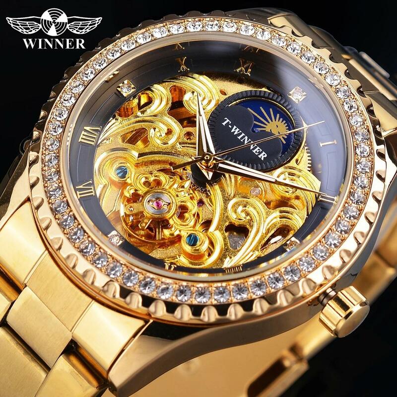 Vencedor-Golden Moon Phase Design Relógios automáticos para homens, aço inoxidável completo, esqueleto, turbilhão, diamante, estilo retrô, marca de luxo