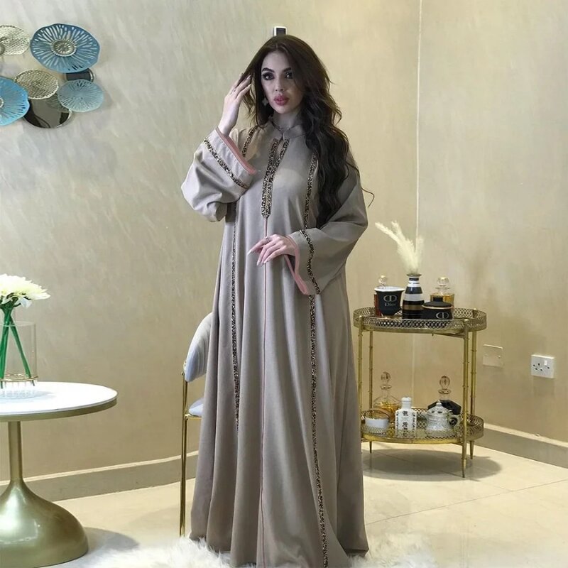Morocco Abaya Women Dress Diamond Tape Trim Maxi Dress Autumn 2024 Stand Collar Long Sleeve Loose Oman Turkey Dubai Muslim Robe