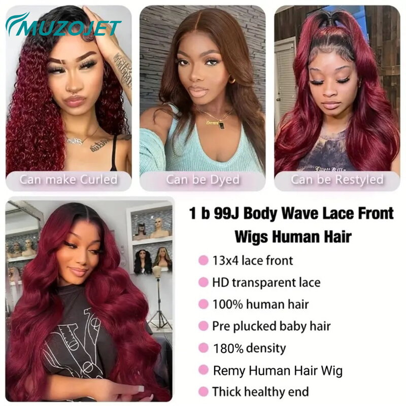 Perruque Lace Front Wig Body Wave Naturelle, Cheveux Humains, Couleur Bordeaux T1B/99J, 13x4, Transparent HD, pour Débutants, pour Femme, Vente