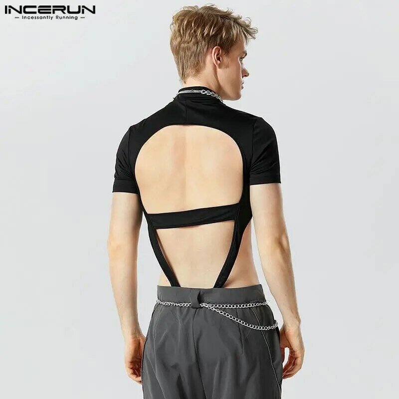 موضة ملابس رجالية عادية حللا INCERUN متماثل الجوف تصميم قصيرة الأكمام نصف عالية الرقبة الصلبة مثلث داخلية S-5XL
