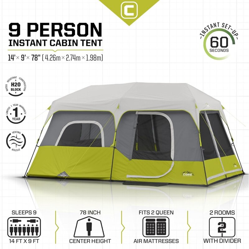 Core 9 orang tenda kabin instan-14 'x 9', Hijau (40008)
