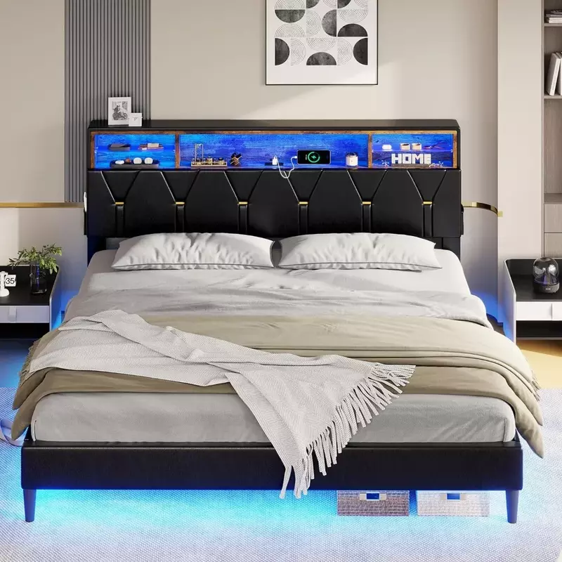 กรอบเตียงพร้อมไฟ LED และที่เก็บของหัวเตียงขนาดคิงไซส์ LED พร้อมแท่นชาร์จโครงเตียงหุ้ม