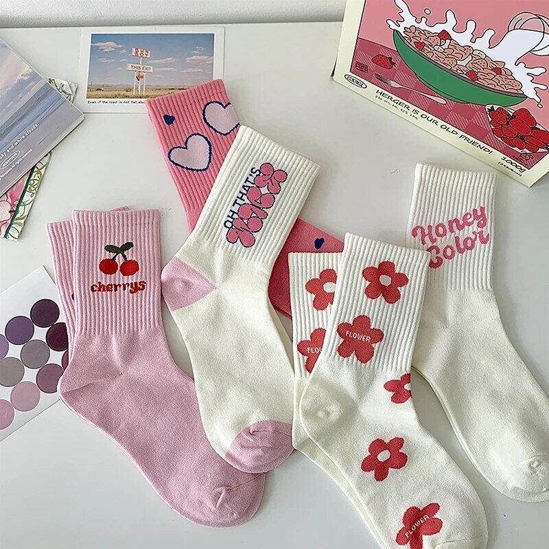 1 Pair Y2K Pink Sweet Couple Socks Women's Casual Cotton Mid Calf Socks Sweet Heart Lychee Crew Socks Floral Bow