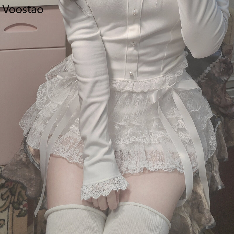 Gonna torta Lolita dolce bianca donna Harajuku Kawaii Bow minigonne in rete di pizzo femminile giapponese carino Y2k gonna corta con volant estate