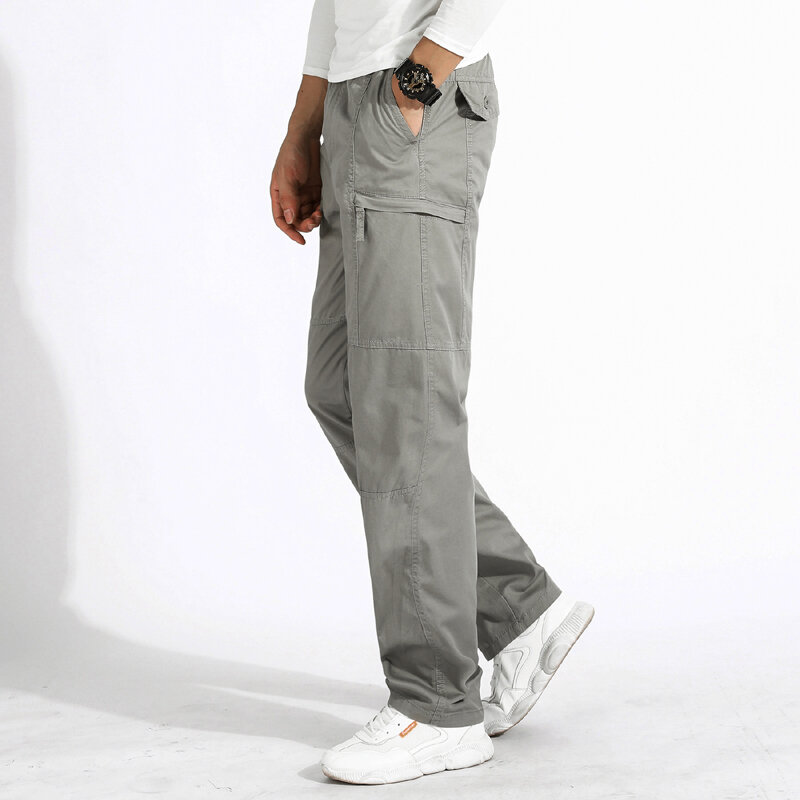 Men's Tactical Cargo Pants Plus Size Zipper Pockets Military Pants Drawstring Cotton Loose Fit Fishing Trousers for Men