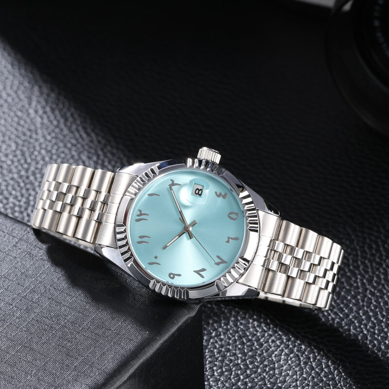 Reloj mecánico con números árabes, correa de acero inoxidable, resistente al agua, azul bebé