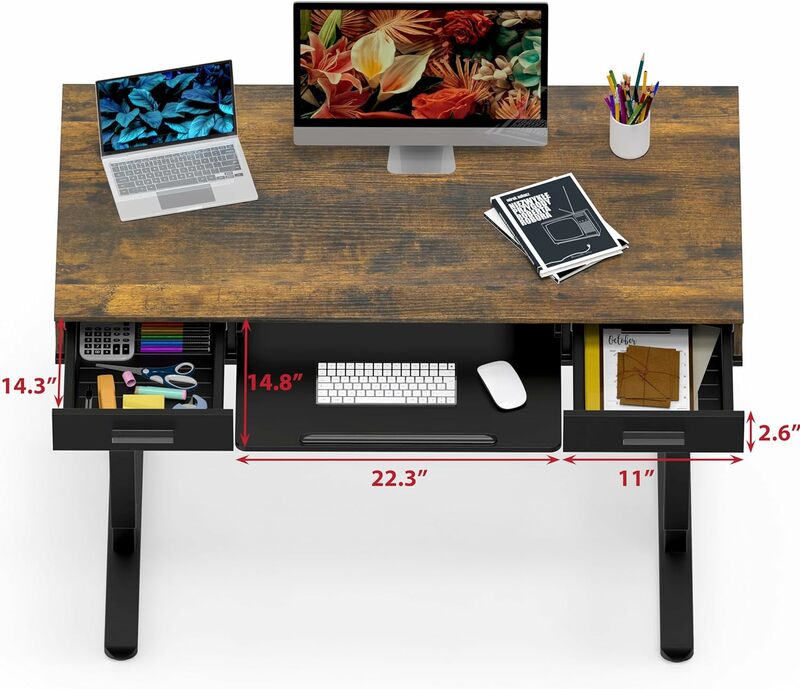 SHW meja listrik 48 inci, tinggi dapat disesuaikan dengan baki Keyboard dan dua laci, coklat pedesaan