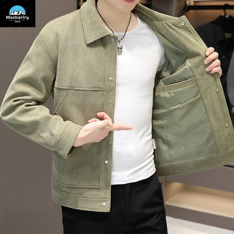 Jaket korduroi pria baru musim gugur 2024 mantel tahan angin longgar modis gaya Korea mantel Pria warna polos mantel Pria