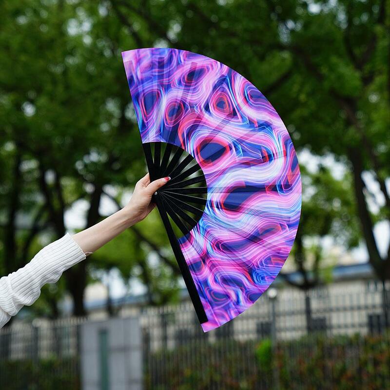 Abanico de mano plegable para Rave, ventilador de estilo japonés, gradiente, colorido, reflectante, para Festival, Fiesta, baile, regalos