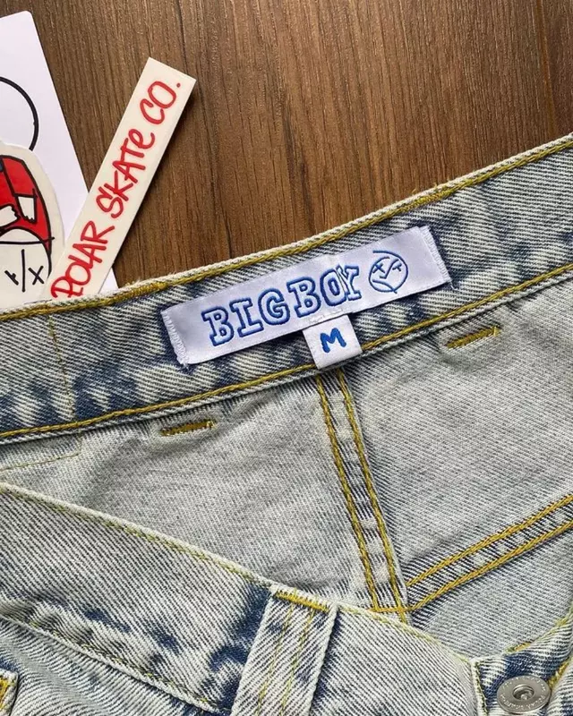 Hip Hop Cartoon Gráfico Bordado Jeans Big Boy, Mulheres Japonesas Cintura Alta Calças Largas, Jeans Baggy Azul Retro Gótico, Homens, Y2K