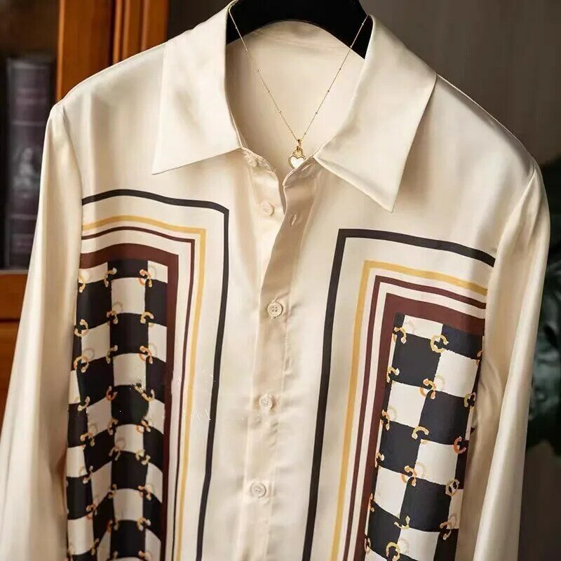 Camisa feminina de cetim de seda manga comprida, top de lapela estampado Mulberry, single breasted, design temperado, alta qualidade, novo, 2024