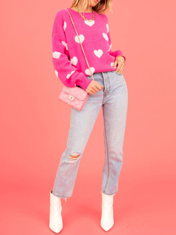 Nuove donne di moda maglioni carini Casual stampa a cuore caldo Pullover a maniche lunghe maglieria di base per l'autunno Streetwear S-XL