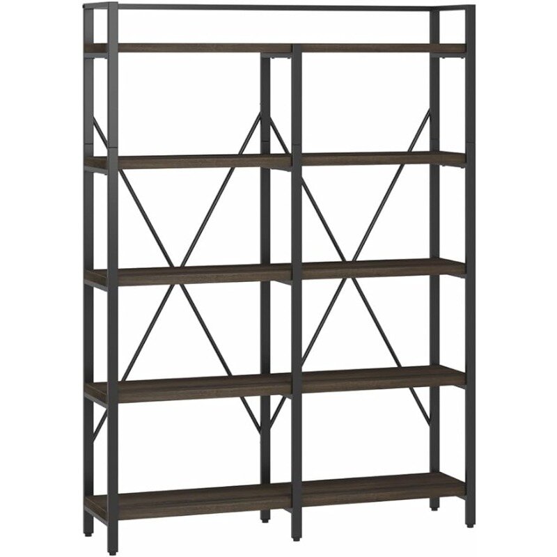 Fatorri Bücherregal, industrielles 5-stufiges, rustikales Bücherregal aus Holz und Metall, hohes Etagere-Bücherregal (Walnuss braun, 51 Zoll breit)