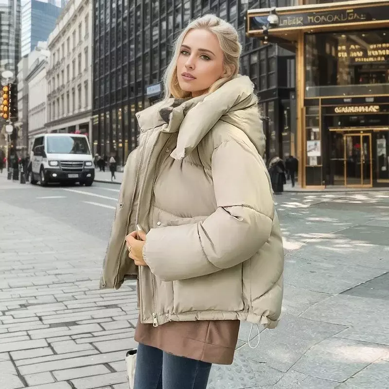 2023 Winter Fashion Chic Hooded Down Cotton Puffer Parka Coats Women Loose Solid Thicken Warm Jacket Female New Zippers Outwear