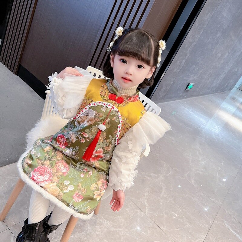 Gaun Musim Dingin Anak Perempuan Tahun Baru Anak-anak Cheongsam Katun Bordir Tang Setelan Anak-anak Cina Indah Qipao Pakaian Berlapis Katun