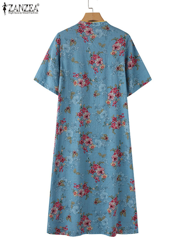 2024 ZANZEA letnia damska artystyczna sukienka Midi z półrękawem Retro sukienka z nadrukiem Vintage, w kwiaty elegancka sukienka na imprezę z przedsionkiem
