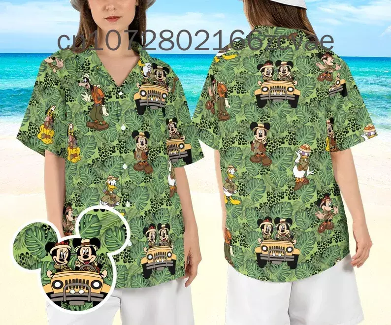 Disney Safari koszula hawajska 2024 lato nowy Disney Mickey koszula hawajska Retro koszulka z krótkim rękawkiem na guziki