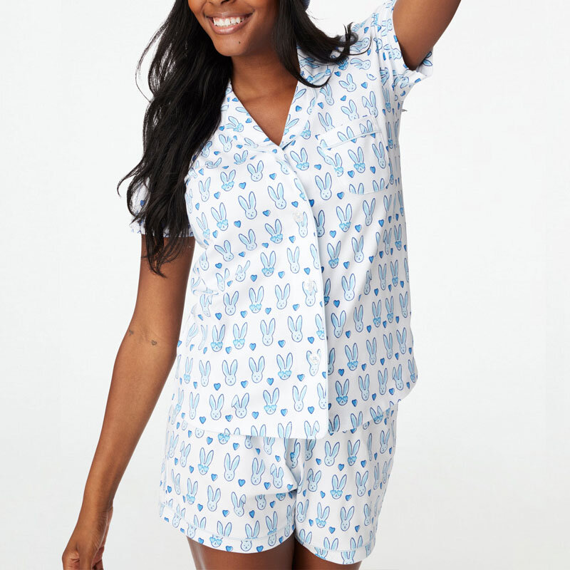 Women Pajama Set 2 Piece Set Cartoon Print Short Sleeve Button Closure T-Shirt + Shorts Home Sleepwear Loungewear Matching Suit