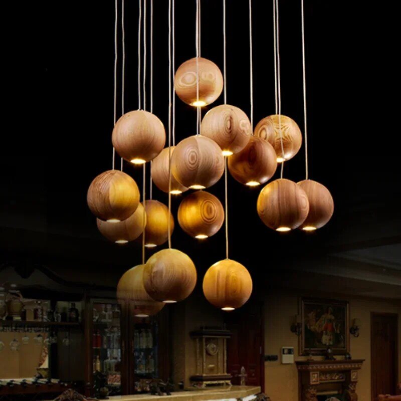 Деревянная креативная художественная Подвесная лампа для кухни, ресторана, новый китайский гостиничный деревянный шар, интерьер детской комнаты, подвесной светильник