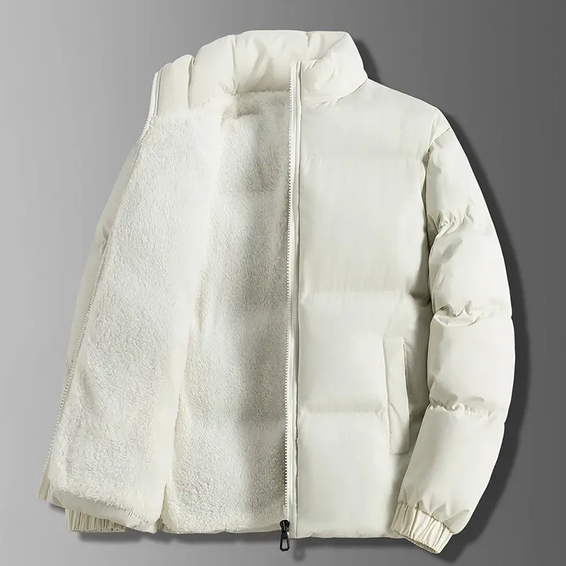 Jaket Puffer berlapis bulu pria, mantel kasual kerah berdiri musim gugur musim dingin katun hangat tebal 2023
