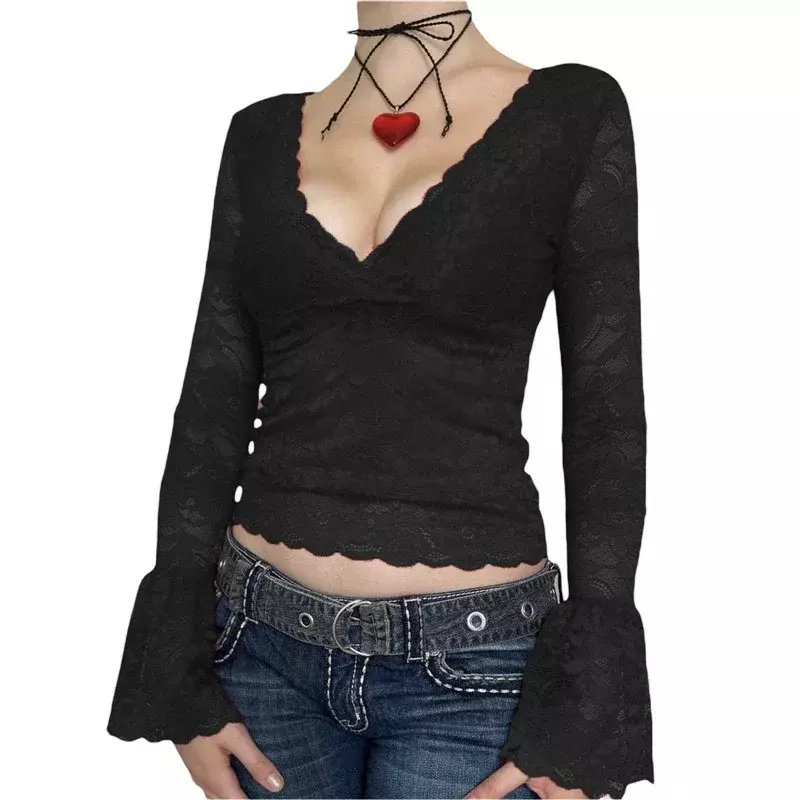 Temperament Slim Fitting Lace Top Y2k Clothing Women's Perspective V-neck Long Sleeved T-shirt Fairy Sexy 2000s Street YDL04
