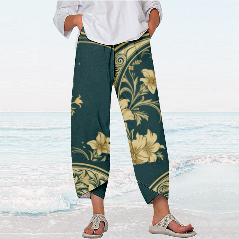 กางเกงขายาวสำหรับ Y2k ชุดสตรีทแวร์ทรงหลวมกางเกงขายาวใส่เดินชายหาดลายดอกไม้สำหรับกางเกงสำหรับหน้าร้อน