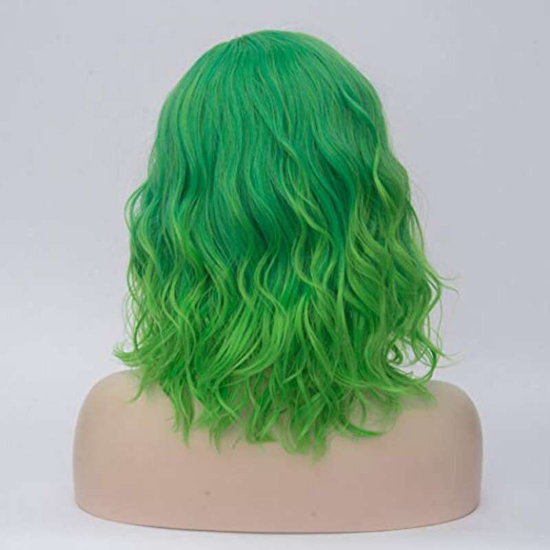 Wig Cosplay wanita, hijau, panjang bahu, bagian samping, Wig bergelombang, rambut sintetis tahan panas, pakaian harian, Wig pesta yang cocok