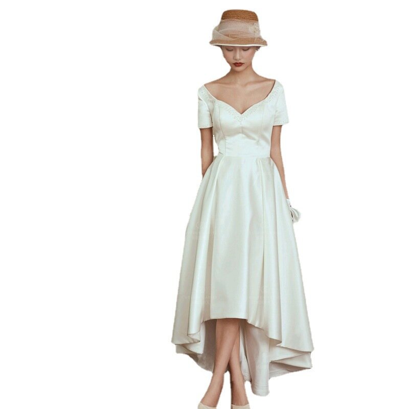 Gaun pesta pernikahan wanita, gaun Formal Satin putih sederhana Prancis elegan lengan pendek untuk perempuan