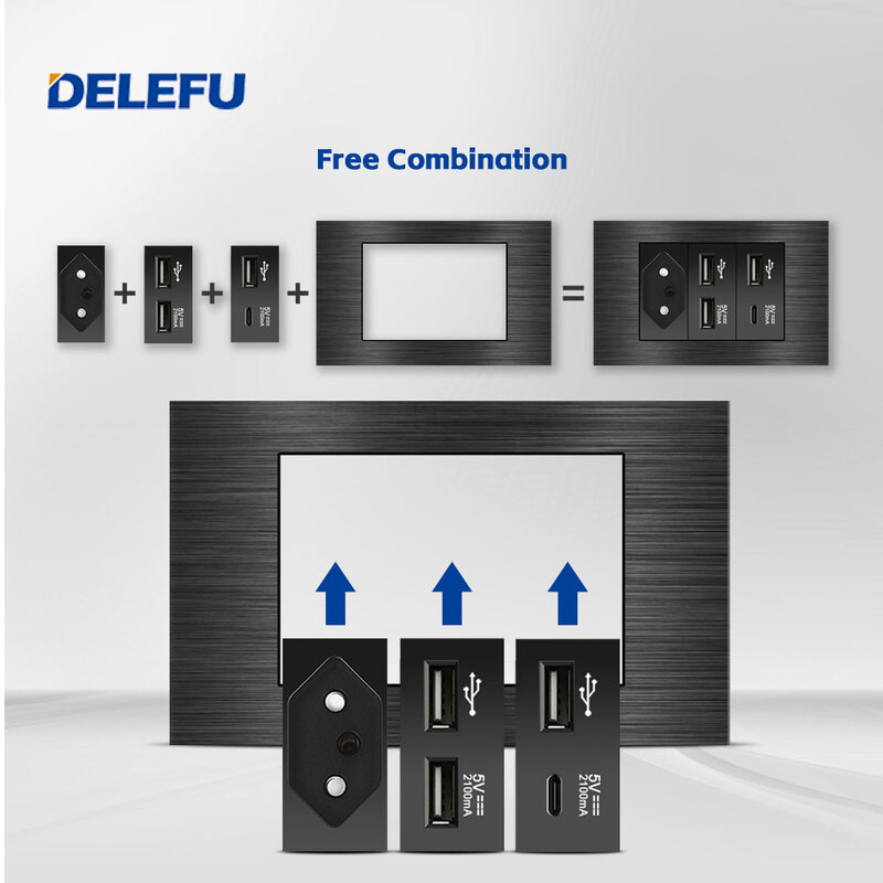 DELEFU Black Aluminum Brushed Panel 4*2 Swiss, Brazilian Standard 10A 20A Wall Socket, Type-C Charging wall Socket