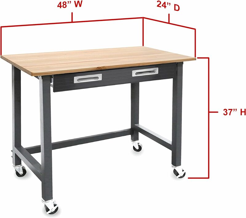Seville Classics UltraGraphite Wood Top Workbench on Wheels with Sliding Organizer Drawer Table, 48", Satin Graphite