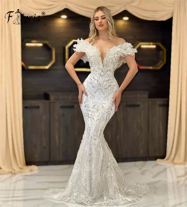Gaun malam Formal manik-manik Dubai gading Chic gaun bahu terbuka kereta api 3D jubah pengantin Haute gaun pesta pernikahan