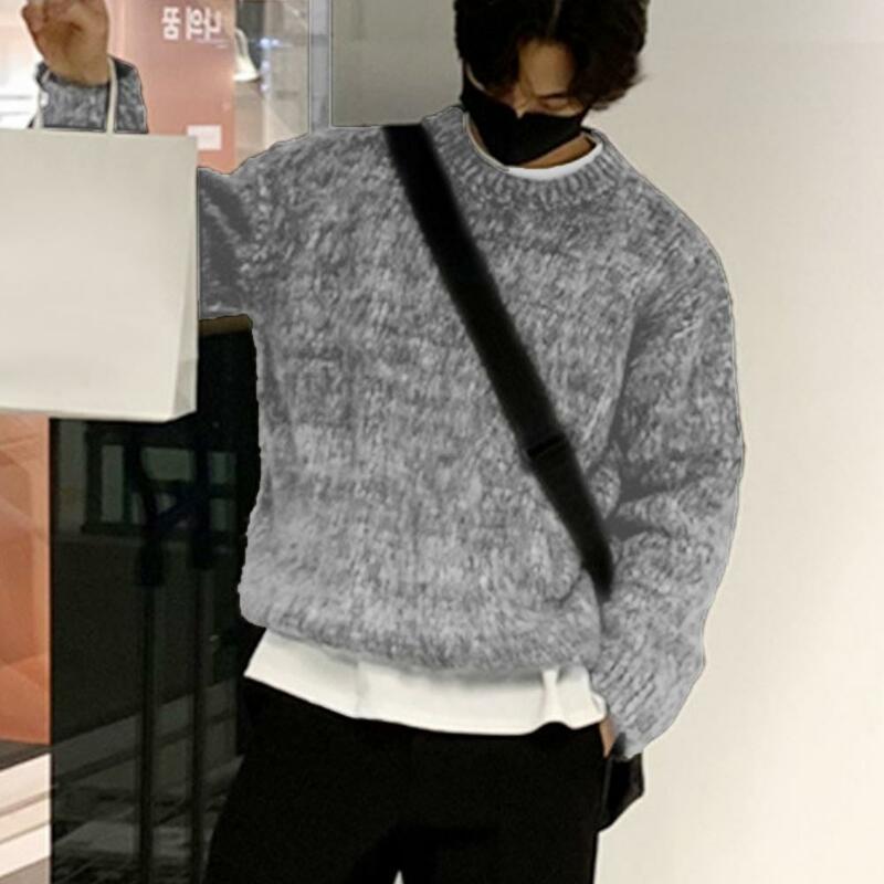 Fall Winter Men Sweater Thick Knitted Round Neck Retro Soft Warm Elastic Anti-shrink Long Sleeve Pullover Mid Length Men Sweater