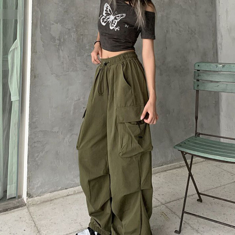 Calças femininas de cintura alta com bolsos, calças largas largas largas largas com desenho de cordão Y2K, streetwear verde do exército, vintage