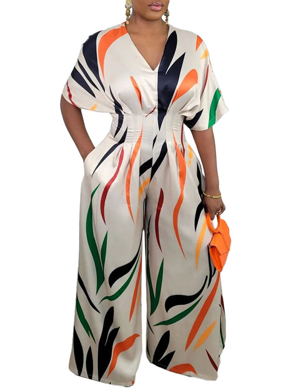 Vêtements africains pour femmes automne élégant africain col en v demi manches polyester impression longue combinaison africaine combinaison S-2XL