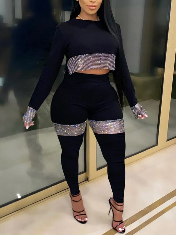 LW Plus Size Casual Elegant Women Outfits 2023 Autumn Long Sleeve Round Neck Crop Top See Through Sequin Skinny Y2K Pants Set