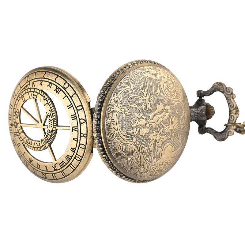 Creative Vintage Bronze Hollow Cover Analog Clock New Quartz Pocket Watch Chain Pendant Retro Men Women Necklace Souvenirs