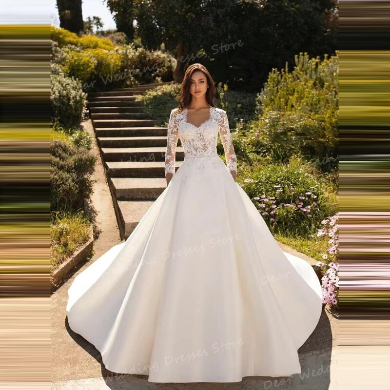 Klassische Schatz Brautkleider Frauen eine Linie sexy Applikationen für Brautkleider Langarm Satin Party Vestidos de Novia 2024