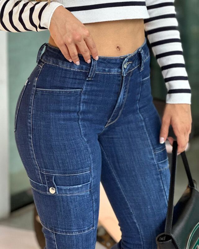 Calça Jeans Skinny de Cintura Alta Feminina, Streetwear, Calças Stretch, Inferior, Fino, Lápis, Inferior, Senhoras, Feminino