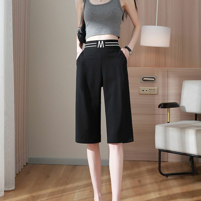Fashion Female Letter Spliced Casual Solid Color Capri Pants All-match Summer Women's Clothing Loose Elastic High Waist Pants