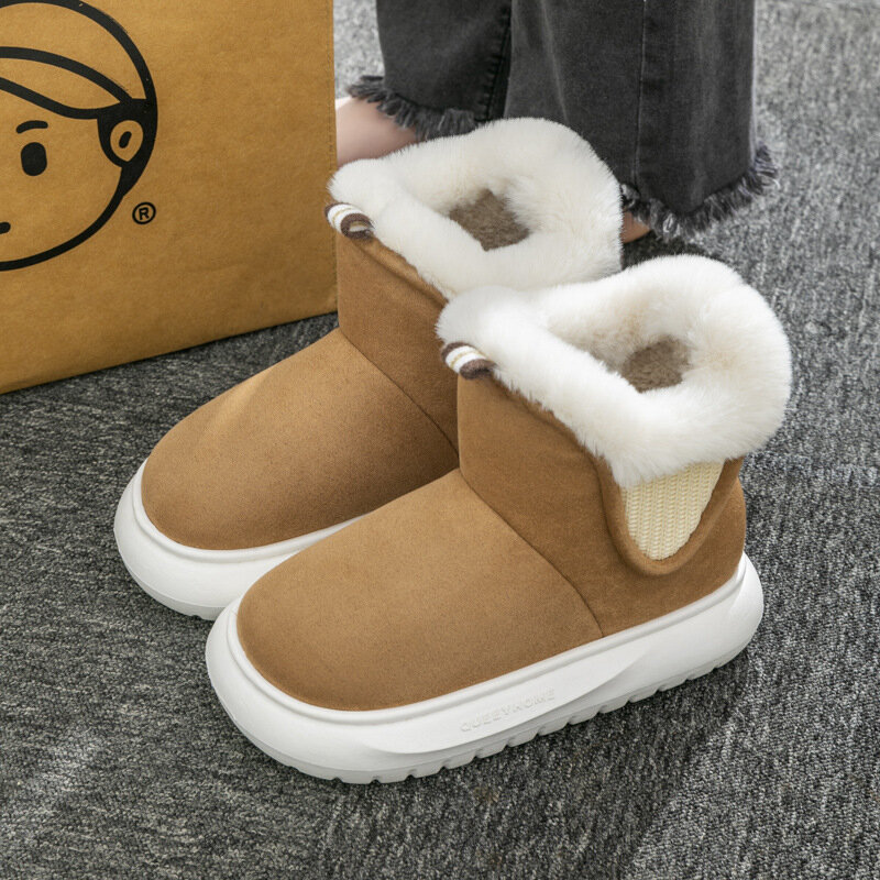 Mao Kou-botas de neve de camurça feminina, sapatos quentes, salto macio, sola grossa, chinelos de algodão de cano alto, novo tipo, inverno