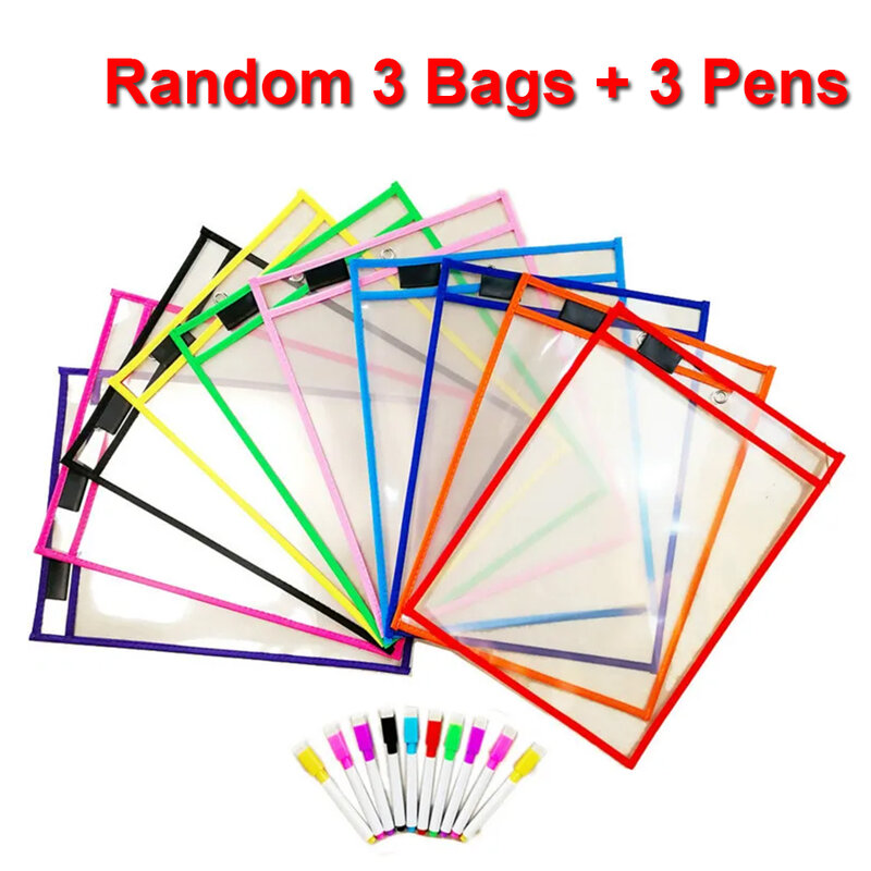 Sac à brosse sèche transparent en PVC réutilisable, 3 sacs aléatoires + 3 stylos, écriture l'horloge, sac à lingette sèche, dessin pour étudiant, fournitures de bureau