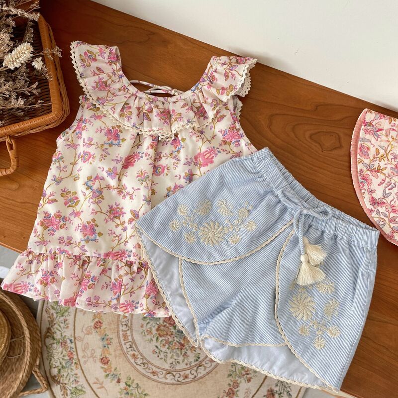 Korean Girl's Set 2024 Summer Girls Pastoral High Style Farm Style Heavy Industry Embroidered Flower Top Shorts 2PCS Set