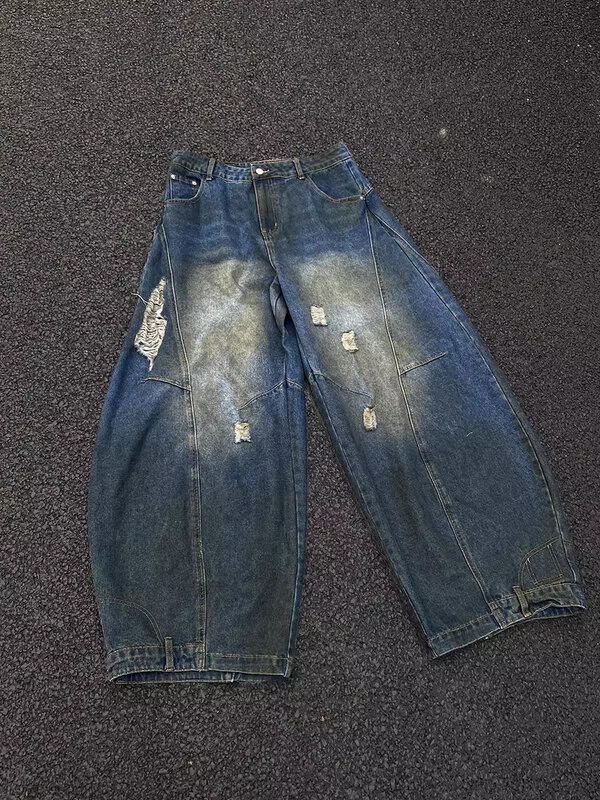REDDACHIC Men Upside Down Ripped Baggy Jeans Dirty Wash Patchwork Distressed Blue Vintage Wide Leg Pants Harajuku Streetwear