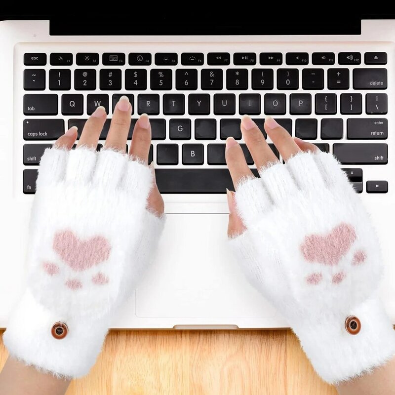 1 Pairs Winter Fingerless Gloves Warm Convertible Mittens Flap Cover Cat Paw Gloves for Women Cold Weather Cosplay