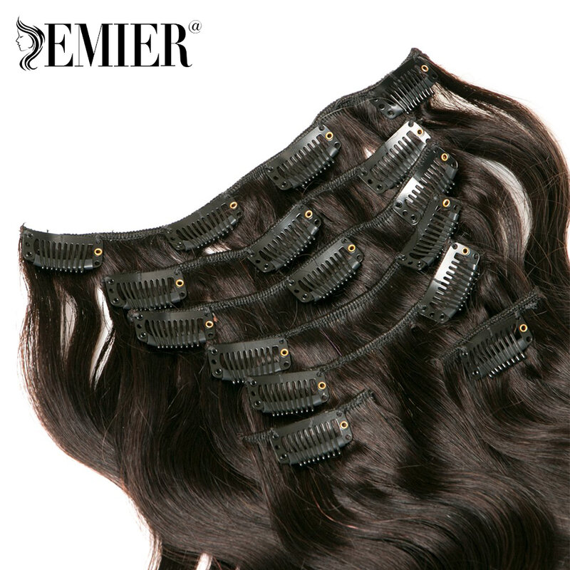 Extensiones de cabello humano brasileño para mujeres negras, cabello con Clip de onda corporal, Color negro Natural, 7 piezas con 16Clips, cabeza completa